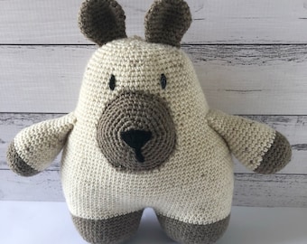 Crochet toy, Reginald the Bear, lavender pouch inside