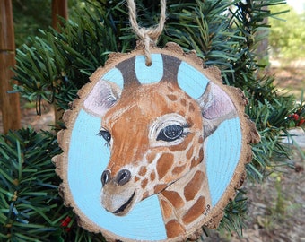 Giraffe Hand painted wood slice ornament