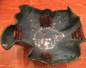 Handmade Freeform Yarn/Clay Denim Blue Glaze Pottery Bowl with Green-Blue Trim