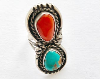 Vintage Coral & Turquoise Ring Size 7