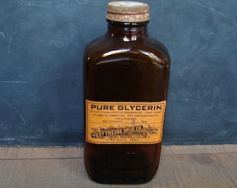 Vintage Glass Pharmacy Bottle, West Fresno Drug Co, Pure Glycerin, Empty Brown Apothecary Bottle