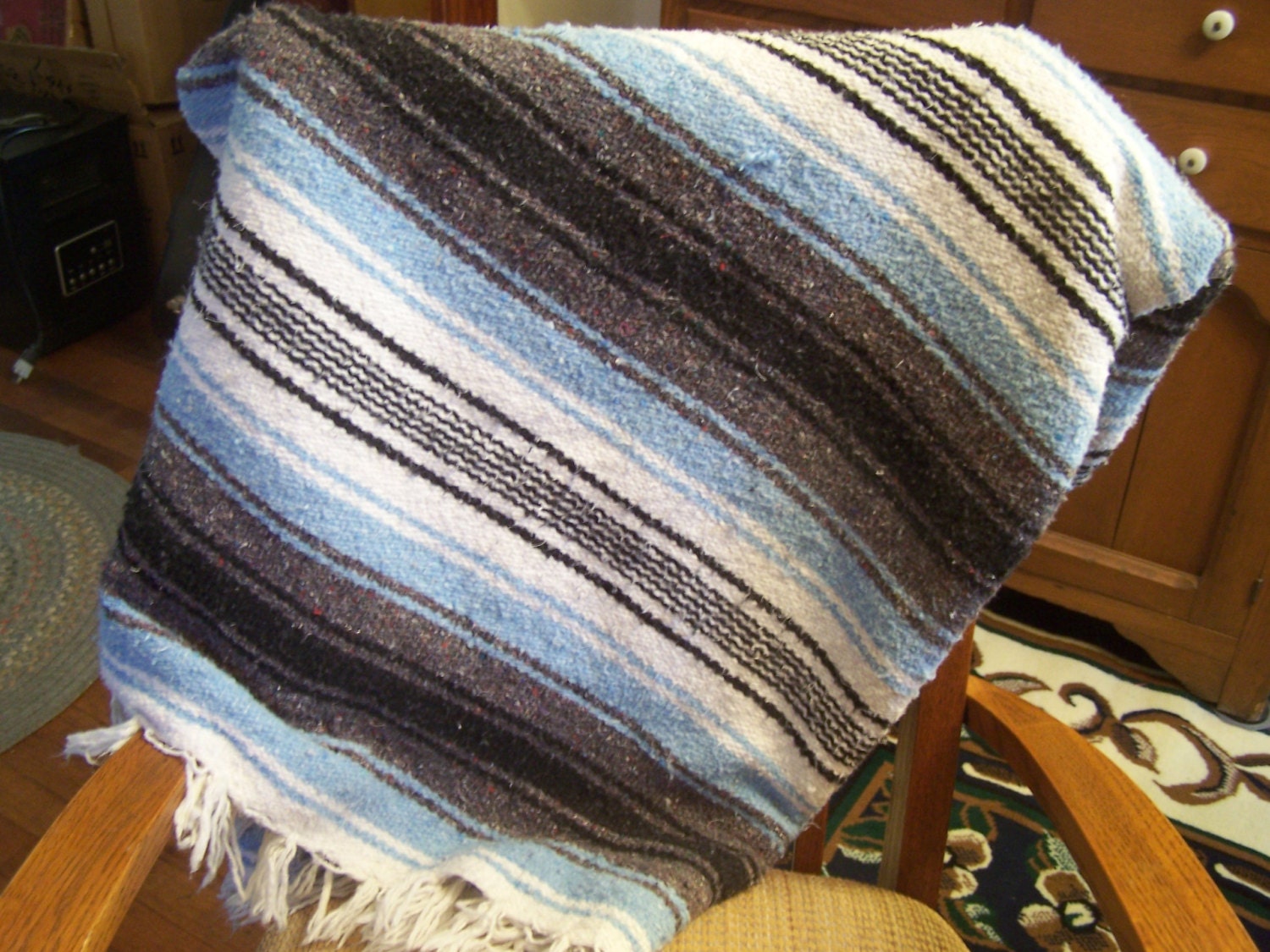 Vintage Mexican Fringed Blanket Striped Cotton Blanket Couch