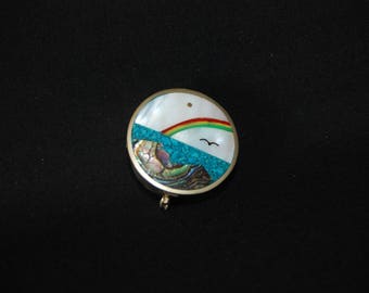 Alpaca landscape pill box - vintage mother of pearl round snuff box - trinket jewelry box - abalone mexico silver mother of pearl accessory