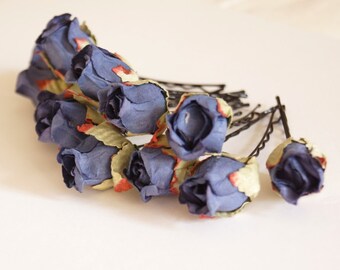 Bridal Hair Accessories, Dark Blue Rose, Dark Blue flower Hair Bobby Pin-set 6