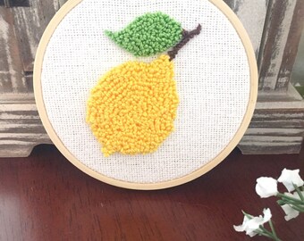 Lemon Wall Art, Yellow Kitchen Decor, Farmhouse Rustic, Housewarming Decor, Fiber Art, Hoop Embroidery, Punch Needle, Citrus Decor