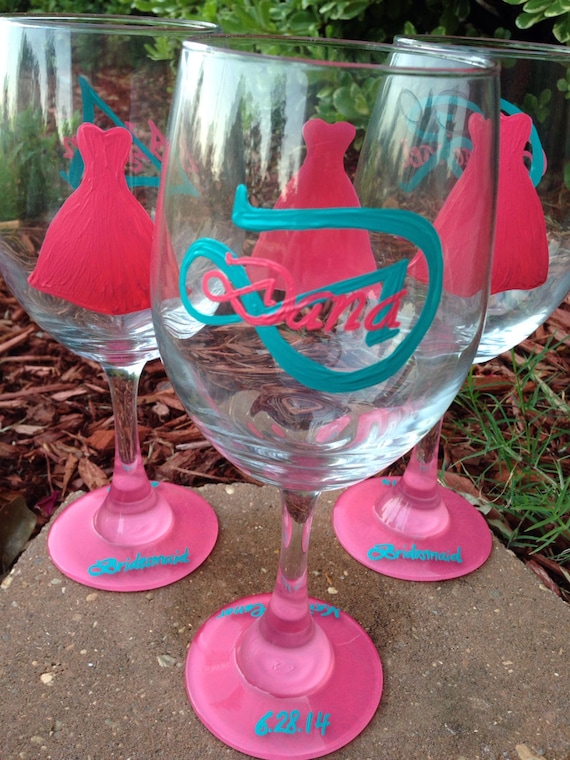 Wedding wine glass Coral and Teal bridesmaid wineglass with monogram and name on back Bridal party dress wine glasses