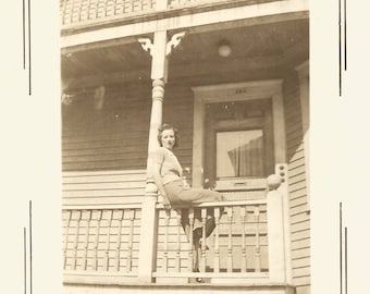 Vintage Snapshot "Looking Up" Pretty Girl Poses On Porch Railing 1939 Found Vernacular Photo