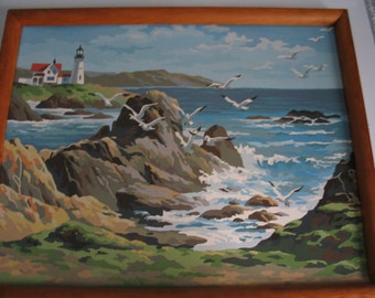 Large Vintage Paint By Number Seascape Lighthouse and Seagull Painting Very Cool