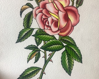 Hand painted original tattoo inspired rose