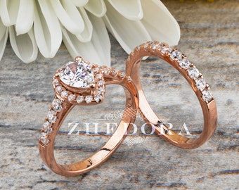 Rose Gold Pear Engagement Ring Set 14k/18k , Halo Pear Engagement Ring, Pear Wedding Set, Pear Cut Ring Set, Forever One Pear Ring, Zhedora