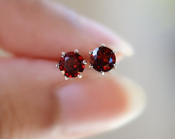 Garnet Earrings, Garnet Stud Earrings, Dark Red Gemstone Earrings, Sterling Silver January Birthstone Earrings, Natural Garnet, Red Stone