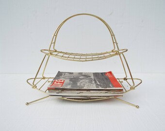 Mid Century Modern Atomic Brass Metal Portable Magazine Rack Shelves