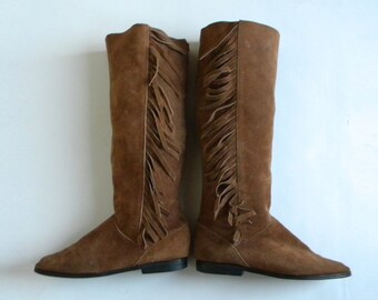 Vintage Boots 70s Brown Suede Leather Fringe Boots Flat Riding Boots, 8 38