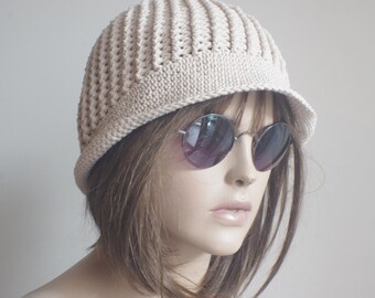 Chemo Hat, Ivory Cotton Crochet Chemo beanie,Summer hat, Great for Chemo Patients, Size Large, Brimmed hat