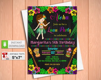 Printable invitation Luau Girl party in PDF with Editable Texts, Tiki, Luau for girl birthday Invitation chalkboard, edit and print yourself