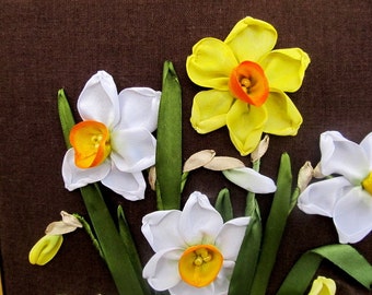 Ribbon embroidered narcissi. White and yellow narcissi. Wall hanging with narcissi. Narcissi in a vase. Embroidered spring flowers. Narcissi