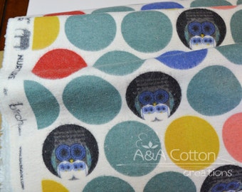 ORGANIC Flannel Fabric, Certified Cotton, Birch fabric, Family Owlbum print textile from Nurture flannel collection