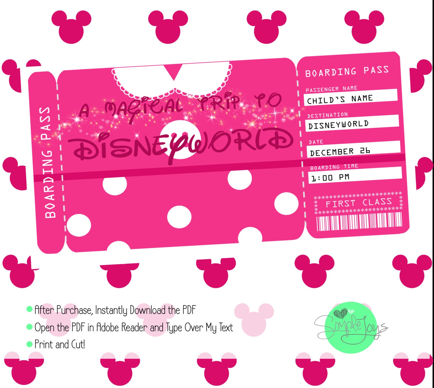 Printable Ticket to Disney Disneyworld/Disneyland Boarding