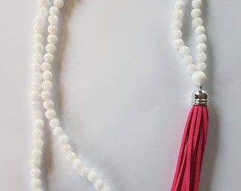 Hot pink and white tassel necklace