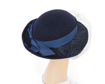 Vintage tilt hat, navy blue bowler with veil, Mr. Murray