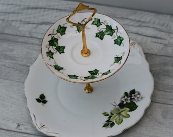 Vintage Cake Stand, Green MismatchedPlates, Two Tier Cake Stand