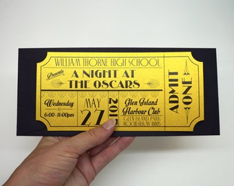 Old Hollywood, Art Deco, Red Carpet, Gold Movie Ticket Prom Invitation