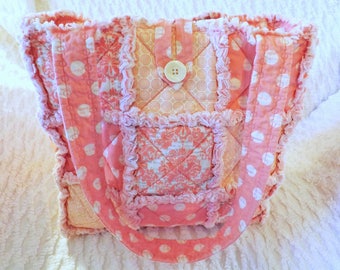 Rag Quilt Tote - Pink Damask and Polka Dot - Dusty Pink - Melon Pink - Summer Tote - Gift for Her