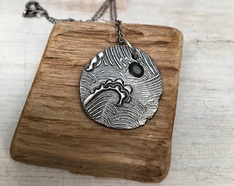 Ocean waves jewelry - nautical pendant - sterling silver - Sapphire necklace - oxidized pendant