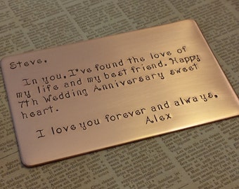 Love note, Copper Wallet Insert, 7th anniversary gift