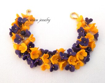 Flower Bracelet Violet Jewelry Yellow Jewelry Flower Jewelry Charm Bracelet Romantic Jewelry Polymer Jewelry Spring Jewelry Gift For Her