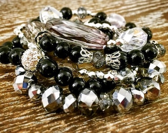 Black and Silver Full Stack of Stretch Beaded Bracelets