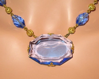 1920s Necklace, Art Deco Necklace, Art Nouveau Necklace, 1930s, Czechoslovakia, Czech Glass Necklace, Antique Faceted Blue Glass Necklace