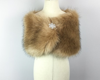 Brown Flower Girl Faux Fur Wrap, Shawl (comes with pin) (Kid Brw04)