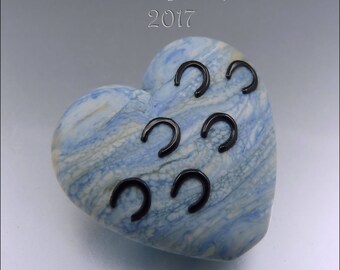 HOOVES ACROSS My HEART! – Blue & Ivory – Sandblasted Lampwork Heart Focal Bead - by Stephanie Gough sra fhfteam leteam