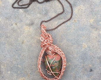 Unakite Copper Wire-Wrapped Pendant