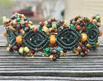 Micro-Macrame Cuff Bracelet. Modern Macrame. Beaded Cuff. Green Cuff Bracelet. Picasso Bead Cuff. Statement Jewelry. Boutique Fashion Piece.