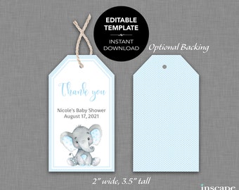 EDITABLE Baby Shower Favor Tags, Cute Blue Elephant Thank You Favor Tags, Editable Boy Baby Shower Tags - Instant Download DIY TAGS Template
