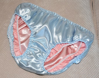 Baby blue / pink double satin slithery soft panties inside panties, waist to 38", Sissy Lingerie NH 90
