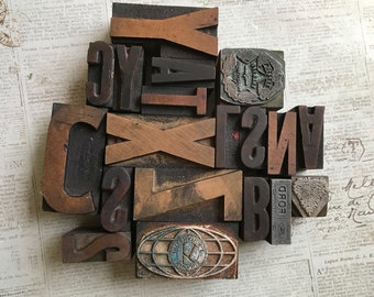 Vintage PRINTING BLOCK Collection (19) Wooden Printer Block Lot- Newspaper Printing- Advertising Decor Printer's Tray G35