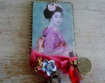 Long necklace Geisha "Akimitsu" - (stone + silk, crystal..)