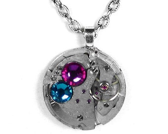 Steampunk Jewelry Necklace Vintage Watch Steam Punk Pink Turquoise Crystals Wedding Anniversary BEAUTIFUL - Jewelry by Steampunk Boutique