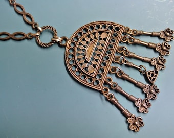 Vintage 1960s India handmade altered metal pendant necklace with metal chain and 7 hanging charms