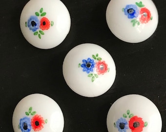 5 Vintage Glass Milk White Buttons with Hand Painted Florals, Red, Blue and Green Flowers, Shank Style, Vintage Sewing Buttons