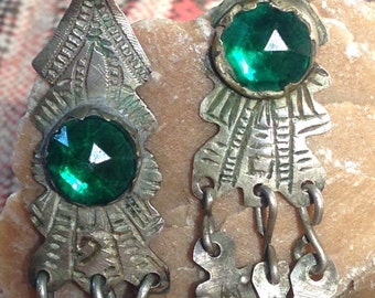 Old Berber Silver Earrings with Green Glass from South Morocco