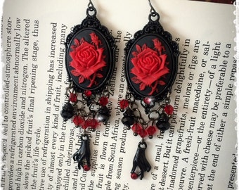 Black and Red Victorian Rose Cameo Chandelier Earrings-Swarovski Crystal Vintage Inspired Gothic,Vampire Long Earrings-"Elizabeth Báthory"