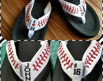 Baseball Flip Flops Personalized Baseball Sandals w/ stitches. I heart/love player # number, names or initials. Baseball Mom Slippers. Team