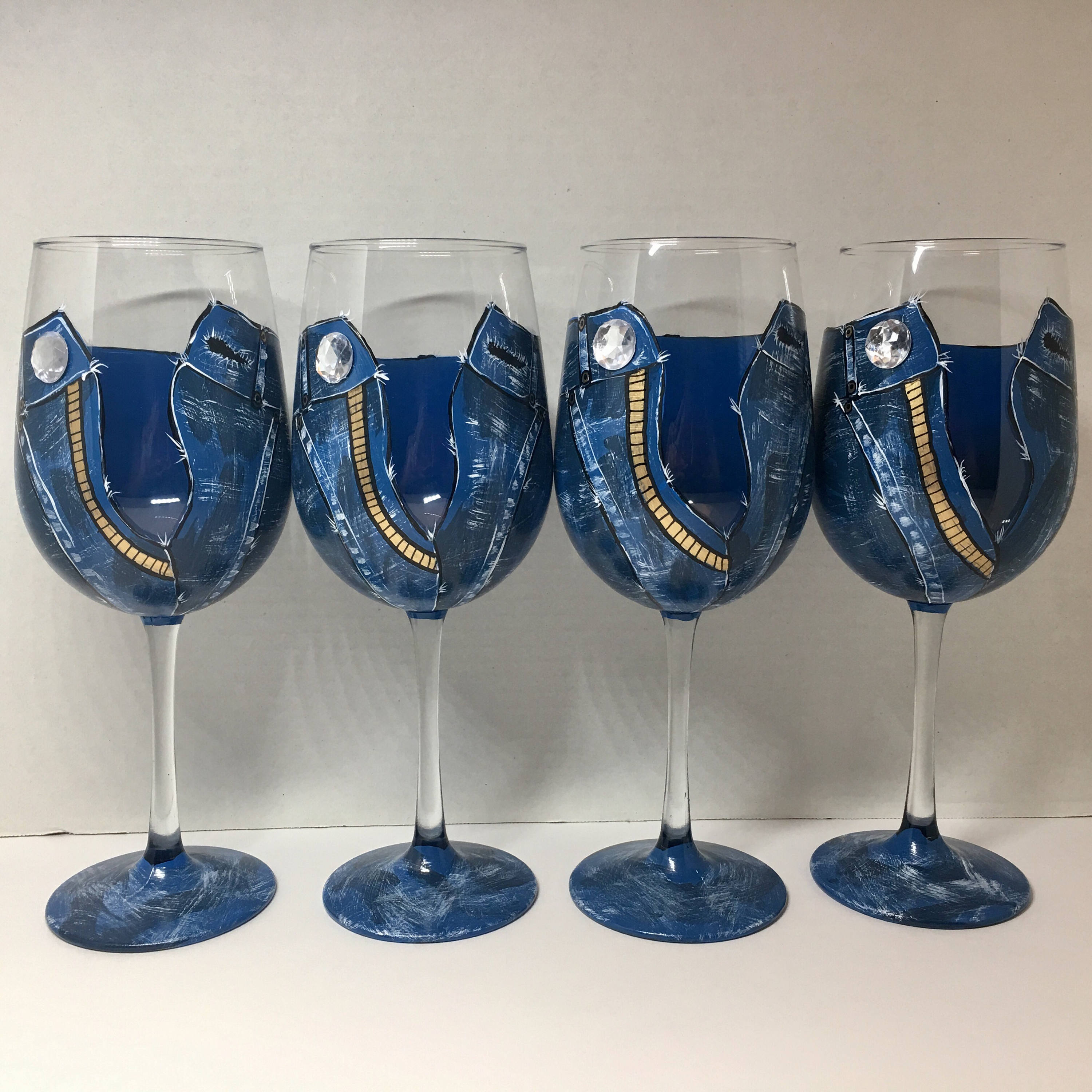 Diamonds and Denim hand painted wine glasses