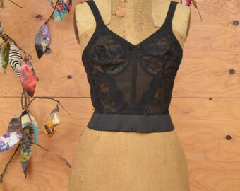 Vintage 50's Bustier Black Sheer Detail 36C Hooks Up The Back