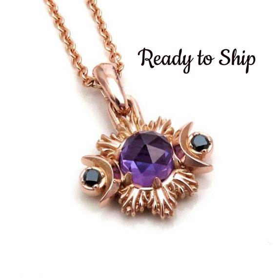 Lab Alexandrite Moon Phase Pendant with Black Diamonds - 14k Rose Gold - Ready to Ship