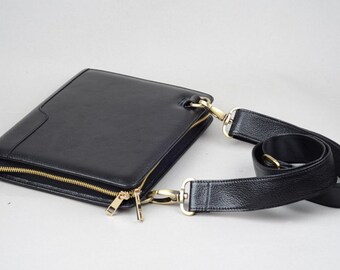 iPad Pro Portfolio Case with Shoulder Strap black full grain leather and Paper Holder for Apple iPad Business and Stylish Crossbody Carrying